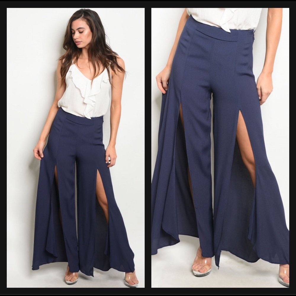 Navy Slit Wide Leg Trousers Pants - Picture 5 of 6